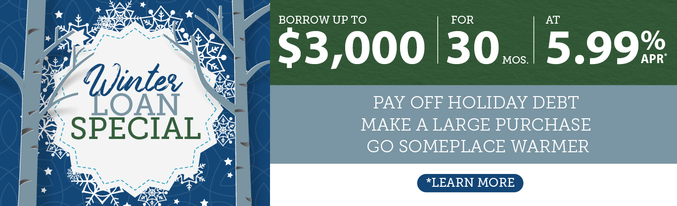 Winter loan special - borrow up to $3,000 at 5.99% APR.* Payments approximately $107.92/month for 30-months. Learn more!