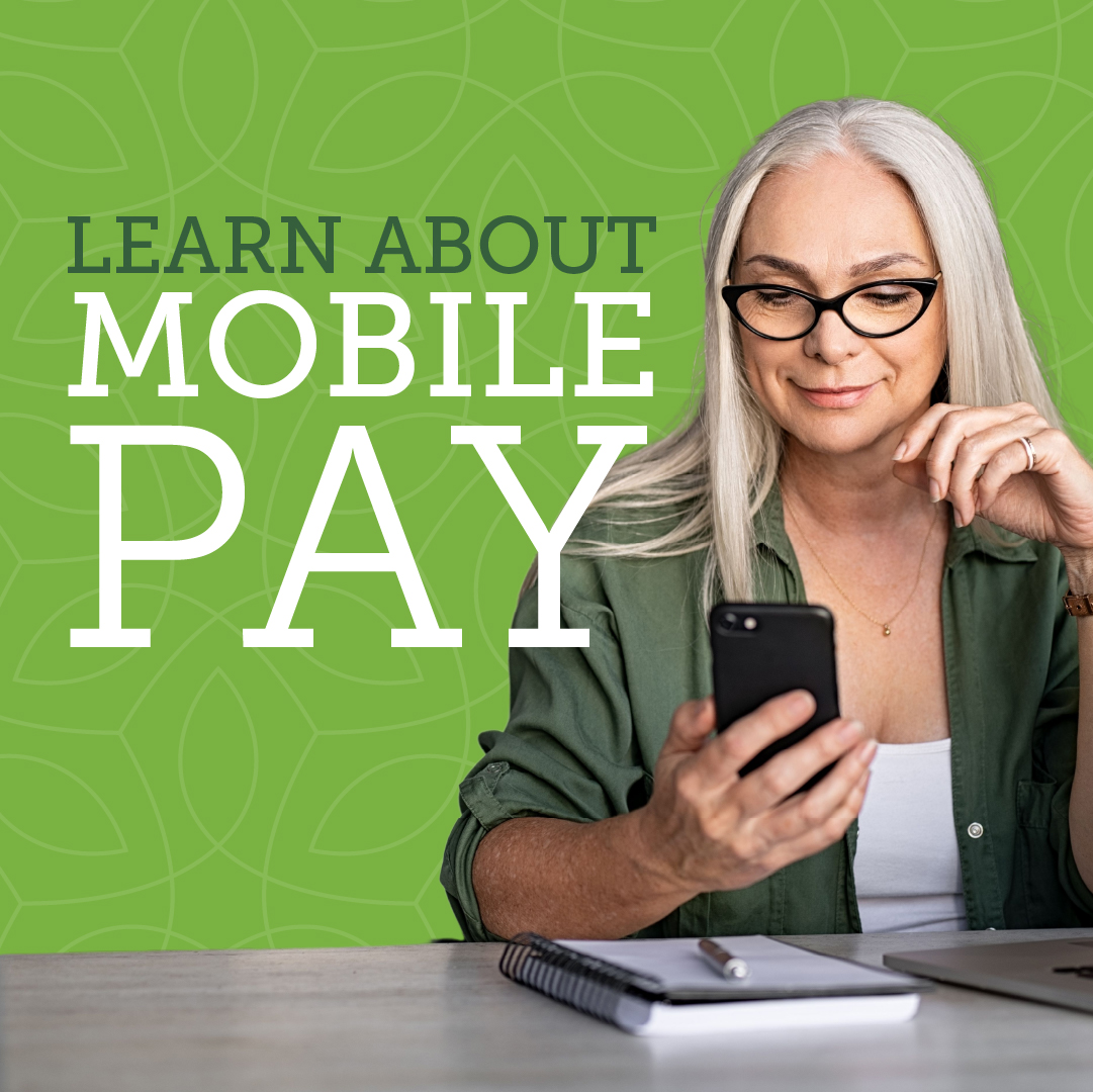 Blonde middle-aged woman looking at smart phone with text that reads Learn About Mobile Pay.