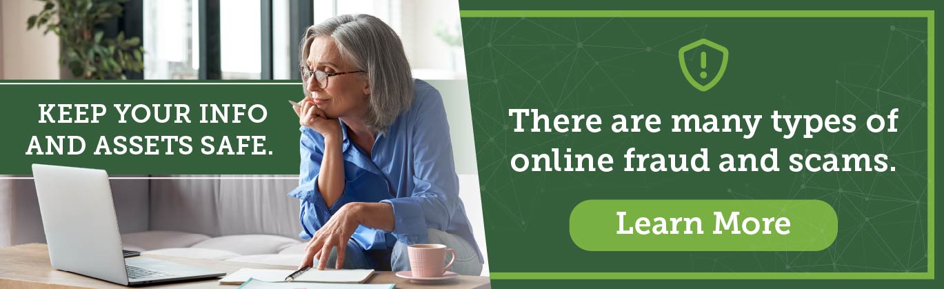 Keep your info and assets safe. There are many types of online fraud and scams. Learn more. Elderly person on computer.