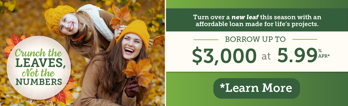 Crunch the Leaves, Not the Numbers! Turn over a new leaf this season with an affordable loan made for life's projects. Borrow up to $3,000 at 5.99% APR* Learn More!