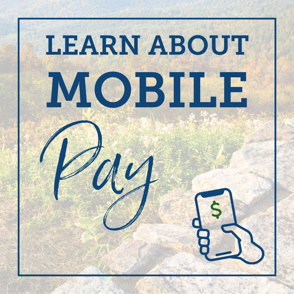 Learn about mobile pay. Blonde woman looking at phone at desk.